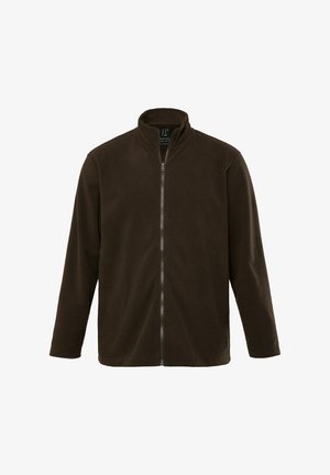Giacca in fleece marrone con colletto alto e zip frontale completa. Maniche lunghe e texture liscia, con un branding discreto sull'orlo inferiore.
