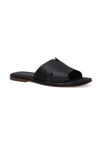 Zwarte leren slipper sandalen met een open teen ontwerp, voorzien van twee overlappende banden en een platte zool. Textuurafwerking voegt detail toe.
