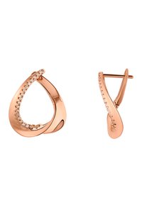 Orecchini a cerchio in oro rosa con forma a goccia, caratterizzati da una fila di pietre trasparenti lungo un lato e una finitura liscia e lucida.