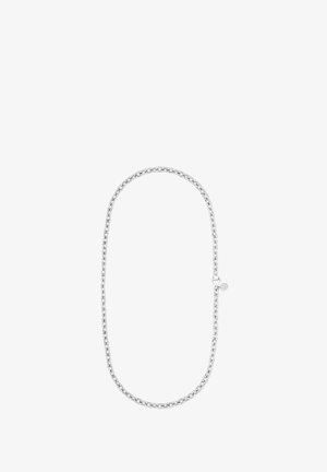 Silberne Halskette mit ineinandergreifenden Gliedern, glatter Oberfläche, verstellbarem Verschluss und einem kleinen runden Anhänger.