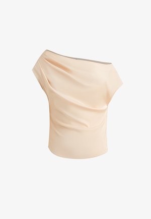 Haut pêche à bretelles dénudées avec un tissu drapé, texture lisse et silhouette ajustée. Design minimaliste sans matériel ou motifs visibles.