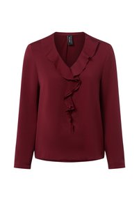 Burgunderfarbene Bluse mit langen Ärmeln, V-Ausschnitt und Rüschendetail an der Vorderseite. Hergestellt aus glattem Stoff mit lockerer Passform und abgerundetem Saum.