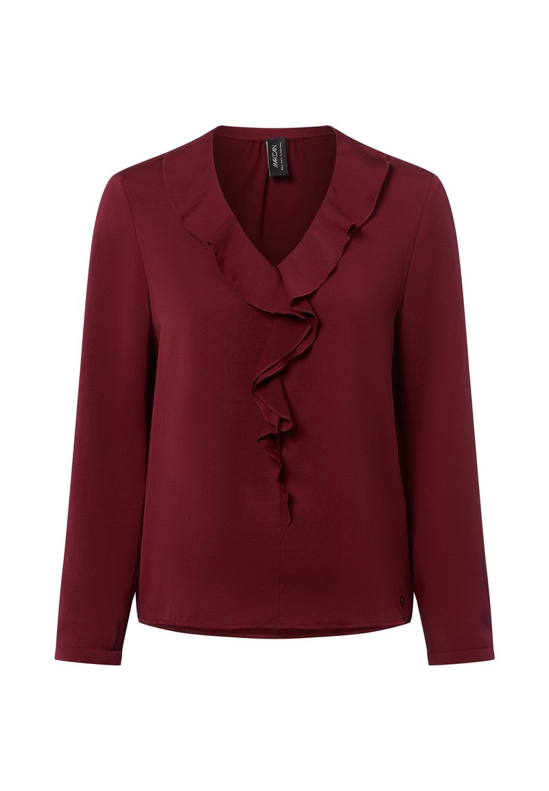 Burgunderfarbene Bluse mit langen Ärmeln, V-Ausschnitt und Rüschendetail an der Vorderseite. Hergestellt aus glattem Stoff mit lockerer Passform und abgerundetem Saum.