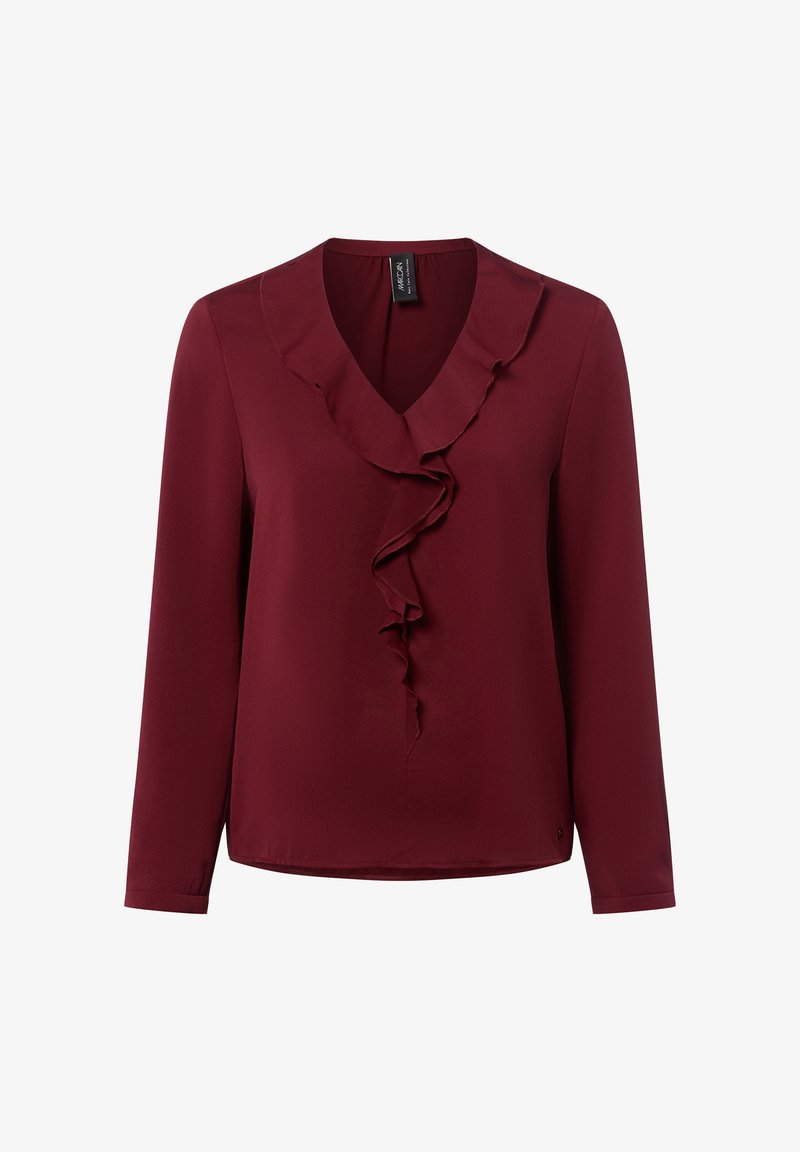 Burgunderfarbene Bluse mit langen Ärmeln, V-Ausschnitt und Rüschendetail an der Vorderseite. Hergestellt aus glattem Stoff mit lockerer Passform und abgerundetem Saum.