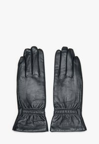 Czarne skórzane rękawiczki o gładkiej fakturze, z pięcioma palcami i marszczeniem przy nadgarstku dla lepszego dopasowania.