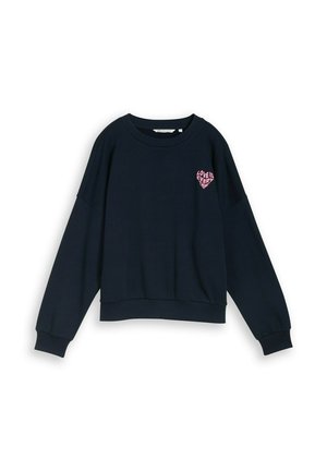 Navy blauwe sweatshirt met lange mouwen, ronde hals en een klein roze hartje met de tekst "Love is everything" op de linkerborst.