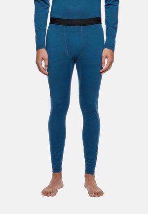 Blaue lange Unterwäsche aus weichem Stoff, mit einem schwarzen elastischen Bund, einer engen Passform und einer glatten Textur.