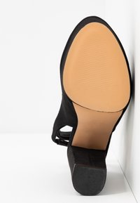 Chaussure à talon haut en daim noir avec un bout carré arrondi, texture visible de la semelle et talon bloc, placée à la verticale contre un mur blanc.