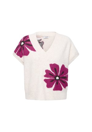 Cremefarvet kortærmet sweater med V-hals og to store lilla og sorte blomsterdesign på fronten og skulderen.