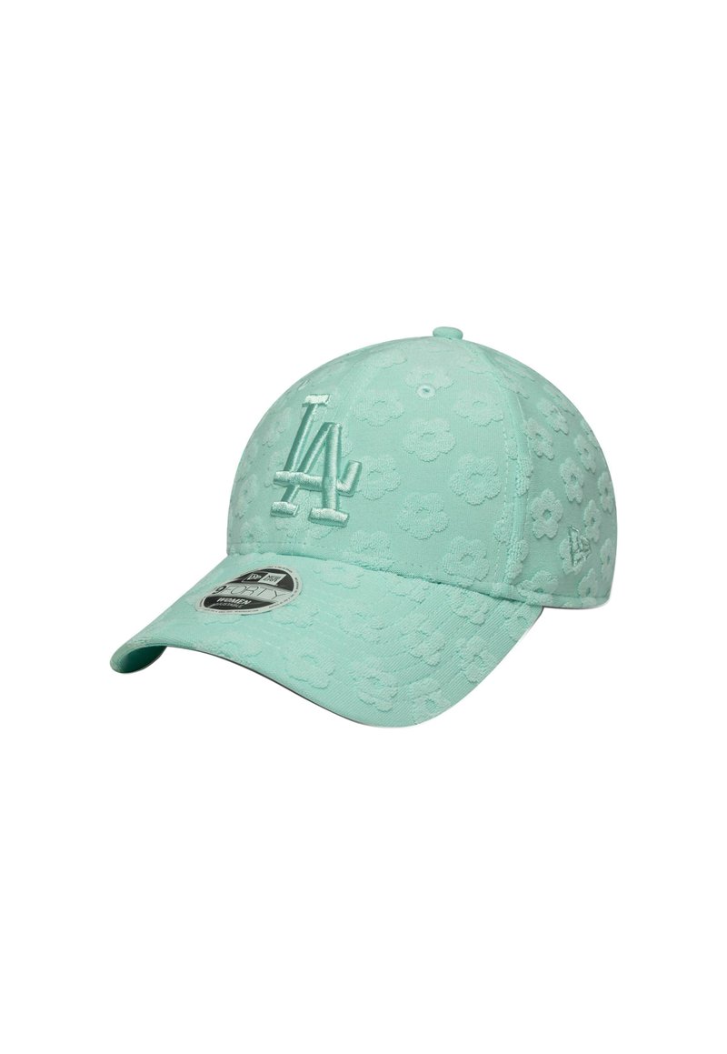 Helle mintgrüne Baseballmütze mit floralem Muster, erhabenem gesticktem Logo und gebogenem Schirm. Enthält einen Größenaufkleber auf dem Schirm.