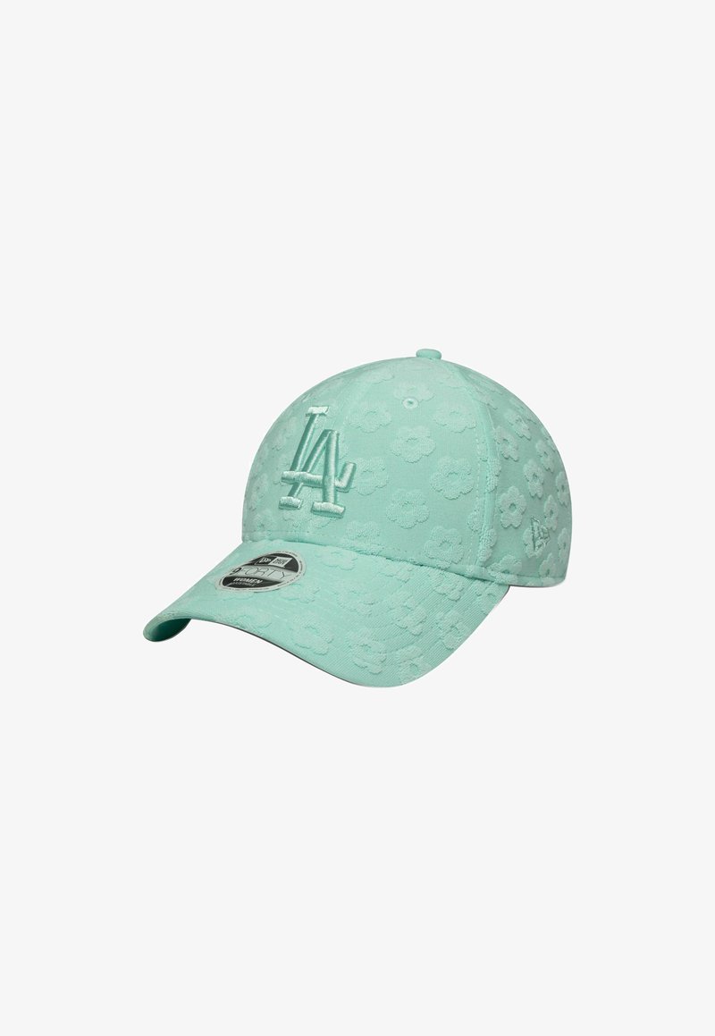 Helle mintgrüne Baseballmütze mit floralem Muster, erhabenem gesticktem Logo und gebogenem Schirm. Enthält einen Größenaufkleber auf dem Schirm.
