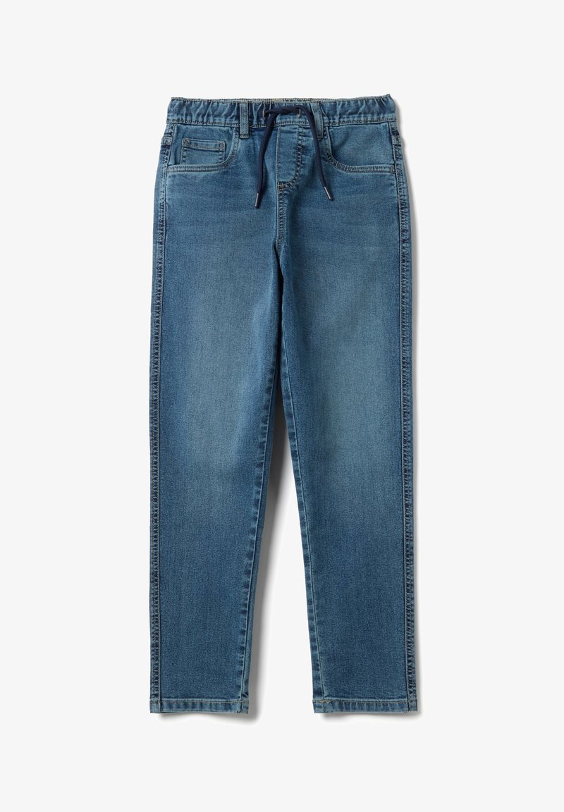Pantalon en denim avec taille élastique, cordon de serrage ajustable, couleur bleu moyen, coupe droite, et poches avant.