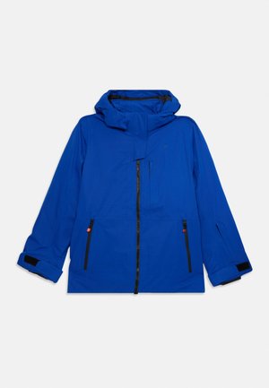 Blauwe winterjas met capuchon, voorzien van een ritssluiting aan de voorkant, twee zijzakken met rits en verstelbare klittenbandmanchetten.