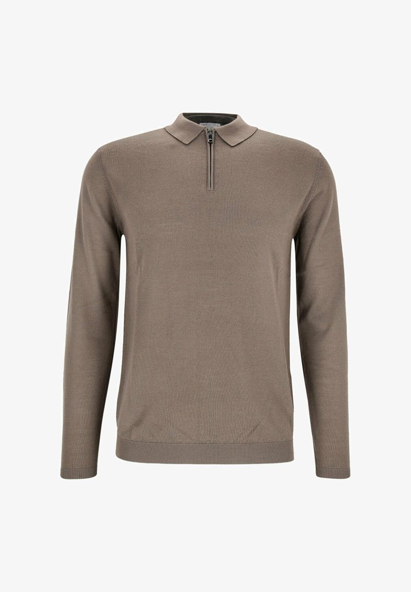 Taupe long-sleeve knit sweater with a short zipper and a small collar, displayed flat against a white background.