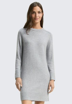 Frau trägt ein hellgraues, langärmeliges, gestricktes Kleid und steht mit entspannter Haltung vor einem einfarbigen hellen Hintergrund.