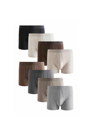 Eight pairs of boxer shorts in various colors: black, gray, brown, light gray, and cream. Soft fabric with elastic waistbands labeled "NEXT."