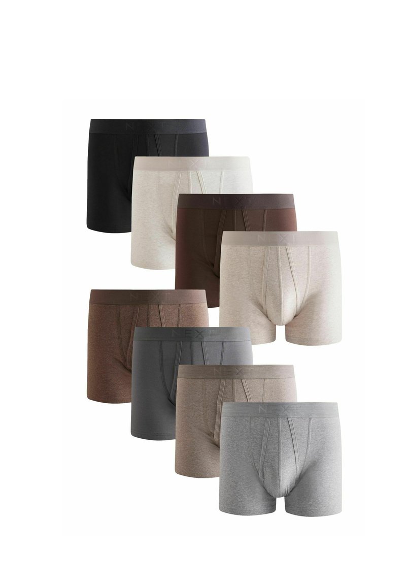 Huit paires de boxer en plusieurs couleurs : noir, gris, marron, gris clair et crème. Tissu doux avec des ceintures élastiques étiquetées "NEXT".