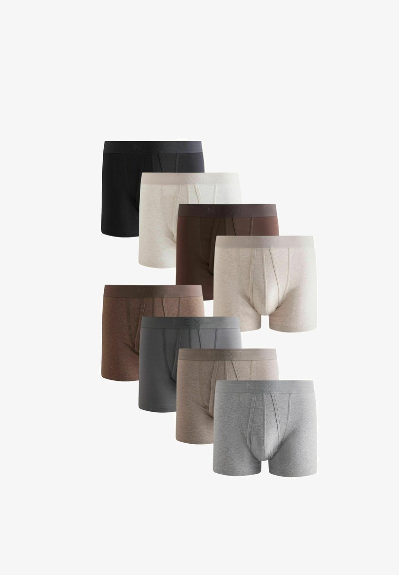 Acht Paare Boxershorts in verschiedenen Farben: schwarz, grau, braun, hellgrau und creme. Weicher Stoff mit elastischen Bündchen, die mit "NEXT" gekennzeichnet sind.