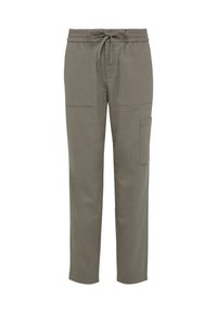 Licht olijfgroene broek van zachte stof, met een elastische tailleband met trekkoord en meerdere zakken voor functionaliteit.