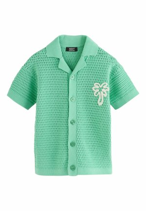 Mentazöld rövid ujjú, gombos, kötött ing texturált mintával és fehér pálmafás folttal a bal mellrészen.