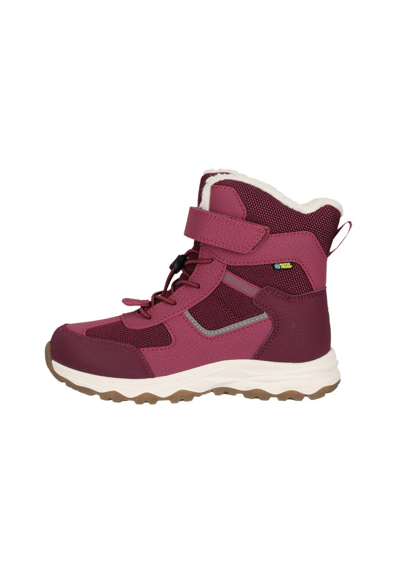 Vandtætte vinterstøvler i pink og bordeaux med en struktureret overdel, snørebånd, velcro-lukning og en gummisål for godt skridsikkerhed.