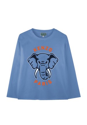 Blauwe t-shirt met lange mouwen, voorzien van een grote olifantafbeelding met slagtanden en "KENZO PARIS" in oranje tekst. Gemaakt van katoen met een relaxte pasvorm.