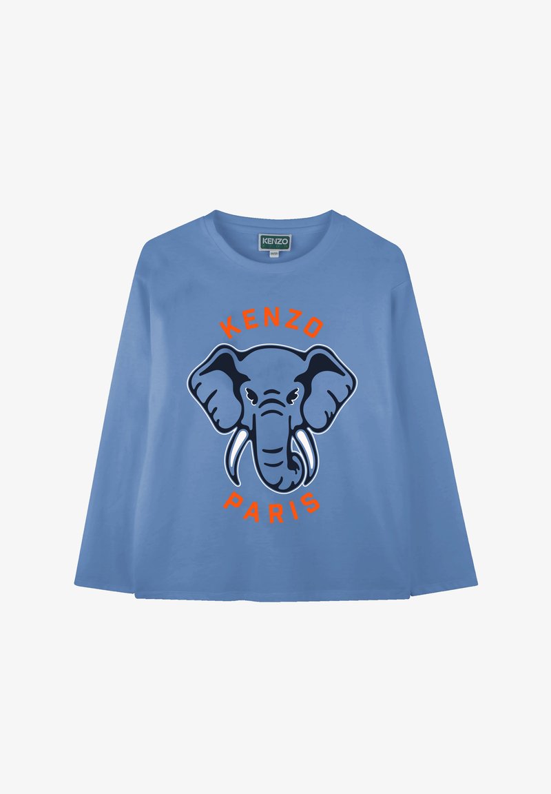T-shirt à manches longues bleu avec un grand graphisme d'éléphant aux trompes, et "KENZO PARIS" en texte orange. Matière en coton avec une coupe décontractée.
