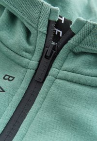 Nahaufnahme eines grünen Hoodies mit einem schwarzen Reißverschluss mit der Aufschrift "BAKER" und einem Teil eines schwarz-weißen Innenetiketts, das am Kragen sichtbar ist.
