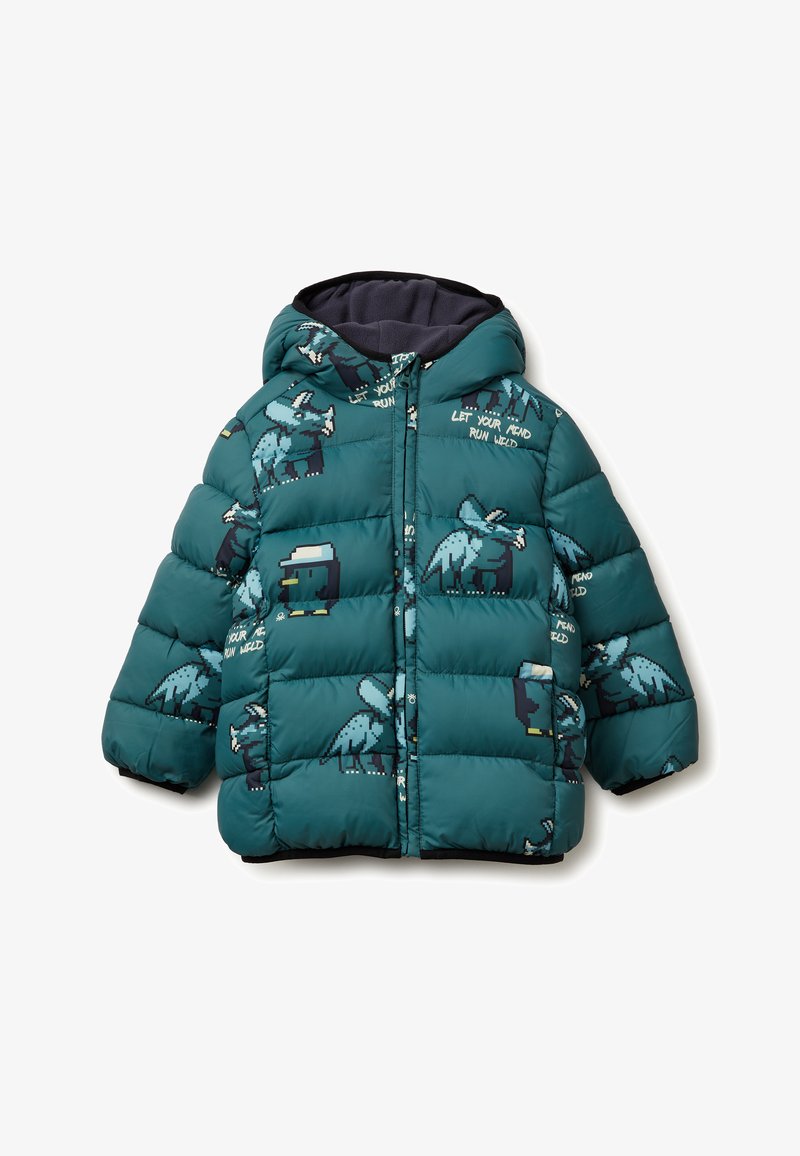 Turkusowa kurtka puchowa z kapturem, zdobiona pikselowym wzorem słonia oraz tekstem. Wykonana z pikowanego materiału, ma elastyczne mankiety i zamek błyskawiczny.