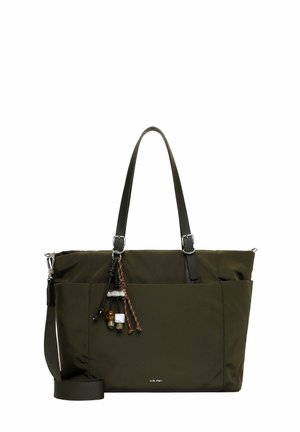 Borsa a mano verde oliva con due manici neri, perline decorative e tracolla ampia staccabile, nome del marchio visibile al centro in basso.