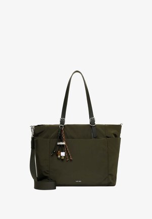 Olivengrøn shopper med to sorte håndtag, dekorative perler og en aftagelig bred skulderrem, mærkenavnet er synligt i bunden midt på.
