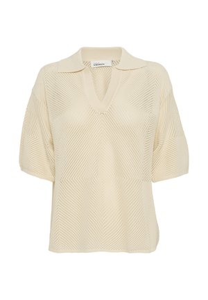 Beez, lühikeste varrukatega polo-sweater V-kaelusega, valmistatud tekstuurse kudumiga, millel on diagonaalsed mustrid, pehme krae ja lõdvestatud lõige.