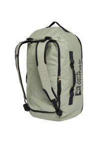 Zaino resistente color verde chiaro con dettagli neri, spallacci regolabili, maniglia superiore, vani con zip e logo del marchio sul lato.