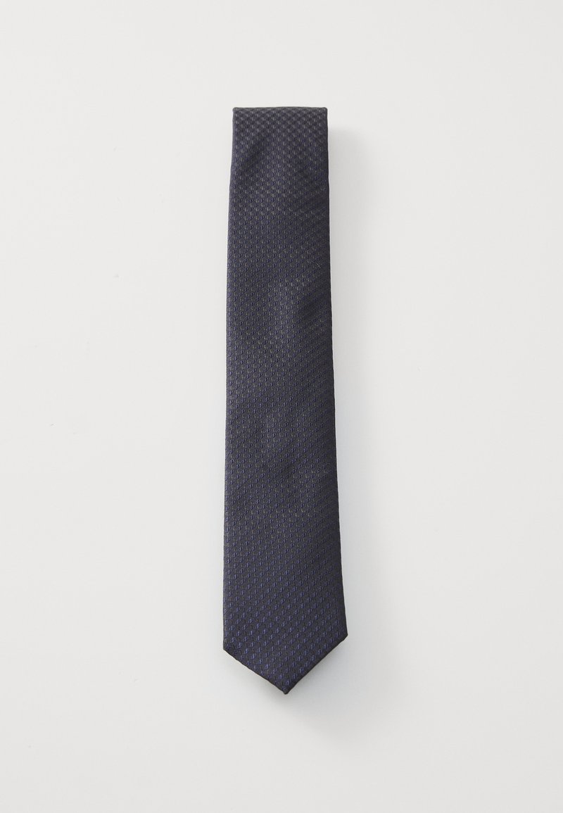 Marineblauer Krawatte aus strukturiertem Stoff mit kleinen, wiederkehrenden geometrischen Mustern. Schlankes Design mit einer spitzen, verjüngten Enden.