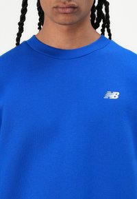 Blauwe sweatshirt met een ronde hals, gemaakt van gladde stof. Beschikt over een klein wit logo op de linkerkant van de borst. Eenvoudig, onopgesmukt ontwerp.