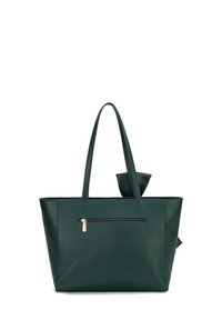 Borsa tote verde in finta pelle con finitura testurizzata, doppi manici, tasca con zip sul fronte e un dettaglio a fiocco su un lato.