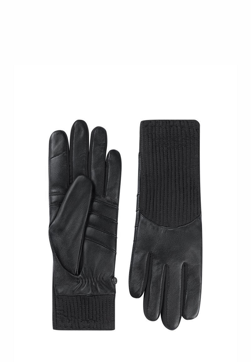 Schwarze Lederhandschuhe mit gerippten Bündchen, die eine glatte Oberfläche und subtile Nähte aufweisen. Unterschiedliche Designs für die linke und rechte Hand.