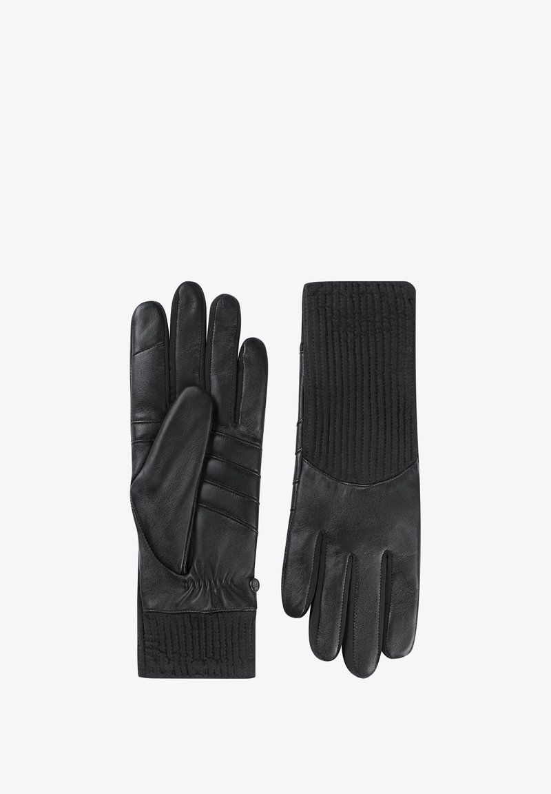 Schwarze Lederhandschuhe mit gerippten Bündchen, die eine glatte Oberfläche und subtile Nähte aufweisen. Unterschiedliche Designs für die linke und rechte Hand.