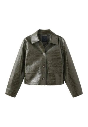 Veste en similicuir vert embossé crocodile avec col, fermeture à boutons sur le devant, deux poches avant et manches longues.