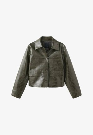 Zelena jakna od umjetne kože s utisnutim uzorkom krokodilske kože, s ovratnikom, prednjim zatvaranjem na gumbe, dva prednja džepa i dugim rukavima.