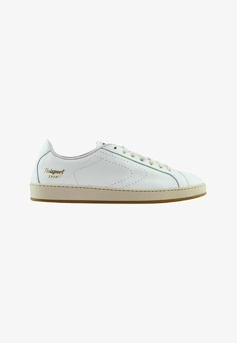 White leather low-top sneaker with beige sole, perforated side detail, white laces, and gold "Visport 1926" logo near heel.