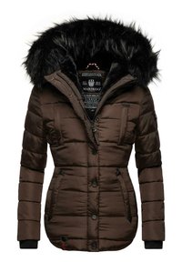 Brown padded jacket with a faux fur hood, zipper and button closures, elastic cuff accents, and two front pockets. Inside label visible.