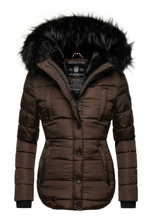 Brown padded jacket with a faux fur hood, zipper and button closures, elastic cuff accents, and two front pockets. Inside label visible.