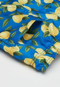 Swim trunks featuring a blue background with a lemon and green leaf pattern. Made of lightweight fabric, with visible stitching details.