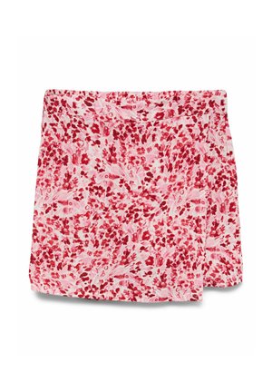 Pink and red floral patterned short skirt with an asymmetrical hem and flat waistband.