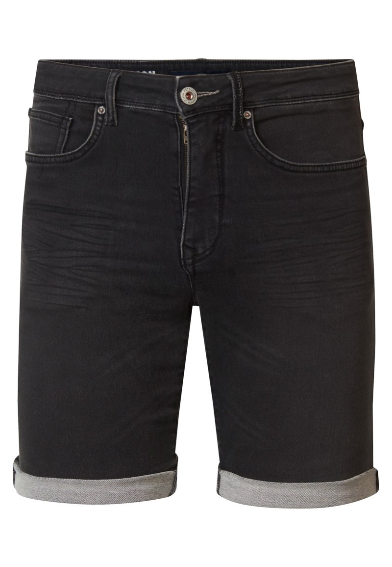 Shorts de mezclilla negra con un ligero efecto deshilachado, dobladillo enrollado, diseño estándar de cinco bolsillos y cierre de cremallera.