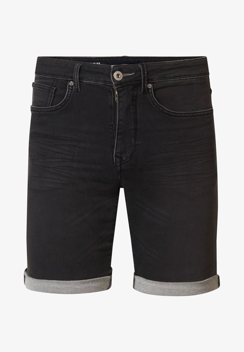 Shorts din denim negru cu un efect ușor de decolorare, tiv rulat, design standard cu cinci buzunare și închidere cu fermoar.