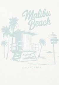 Světle krémové tričko s modrou grafikou plavecké věže, palmami a nápisy "Malibu Beach" a "California" tučným písmem.