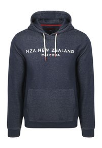 Navyblauwe katoenen hoodie met een voorzak, witte NZA New Zealand tekst, contrasterende witte trekkoorden en ribgebreide manchetten.