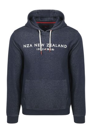 Navyblauwe katoenen hoodie met een voorzak, witte NZA New Zealand tekst, contrasterende witte trekkoorden en ribgebreide manchetten.